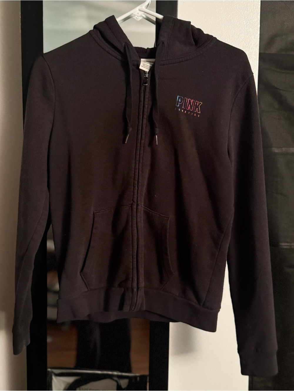 PINK Victoria's Secret Black Zip-Up Hoodie with Multicolor Embroidered Logo